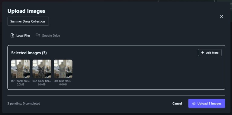 Upload modal with three dress images