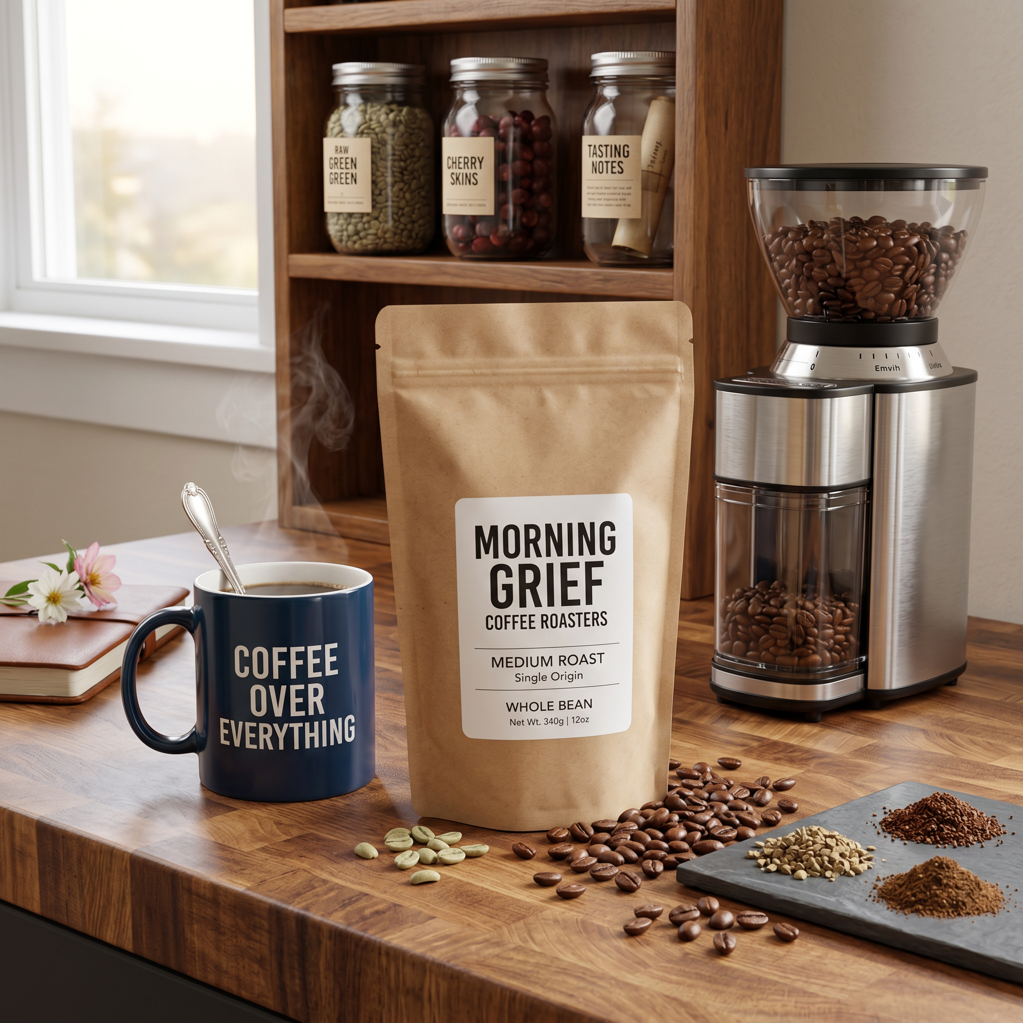 AI-generated cafe-ready coffee product photo with the same coffee bag staged on a warm kitchen counter