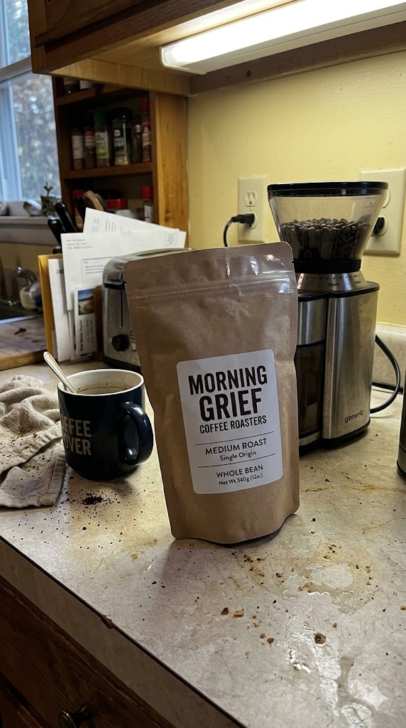 Before photo of a coffee bag on a kitchen table near a mug and grinder