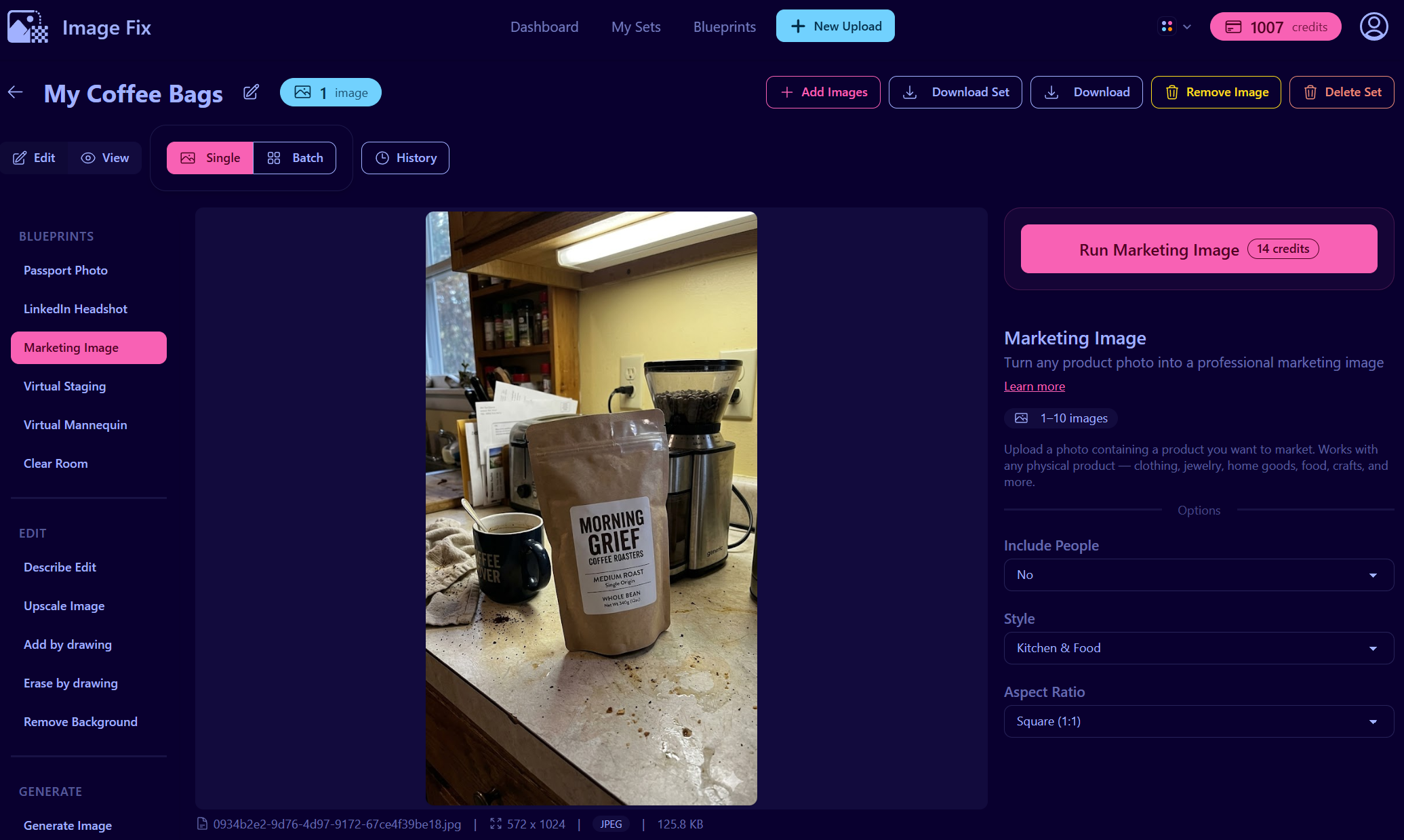 ImageFix editor with a coffee bag uploaded and the Marketing Image blueprint selected