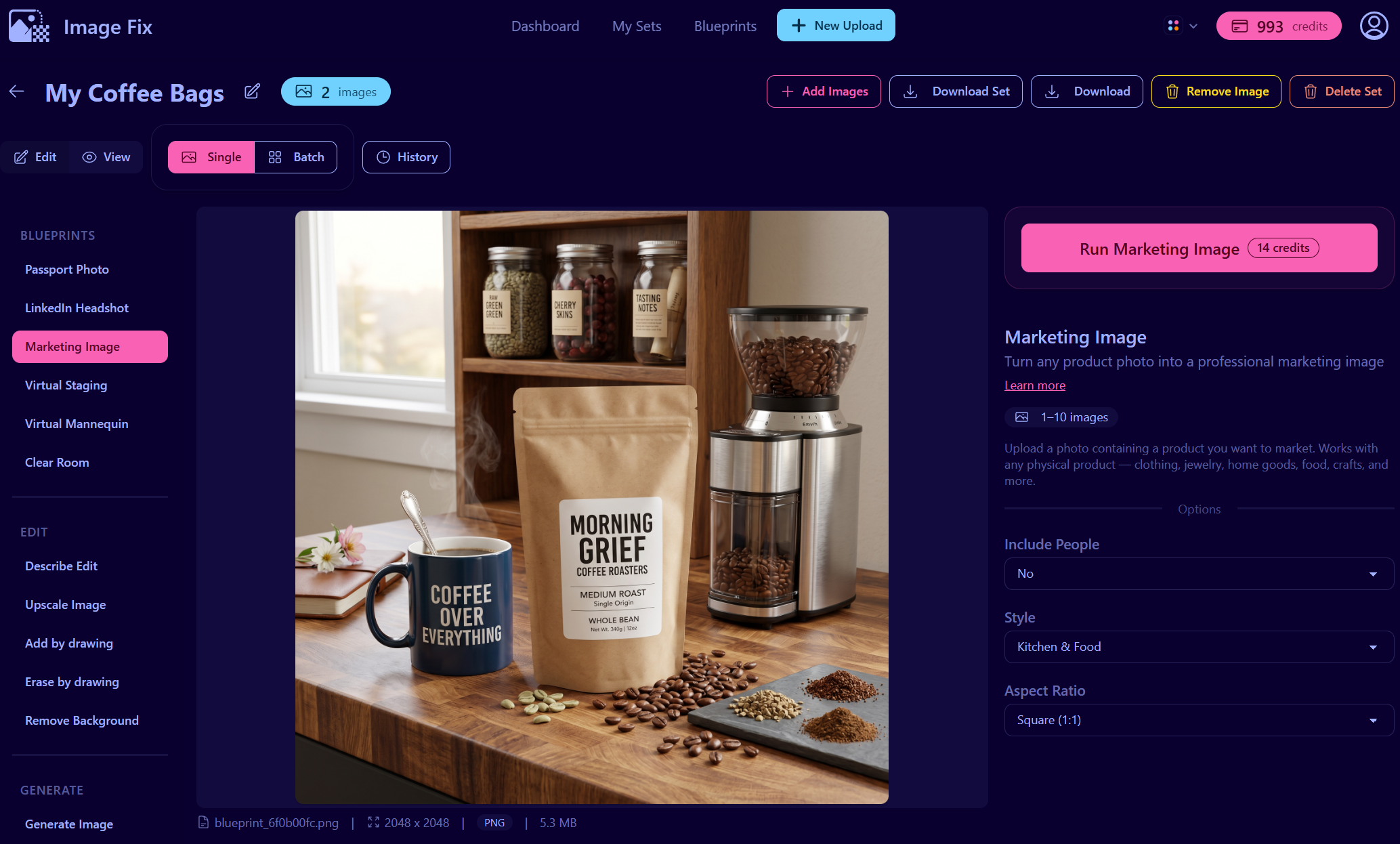 ImageFix editor showing the final cafe-ready coffee product image generated with Kitchen & Food and Square 1:1 settings
