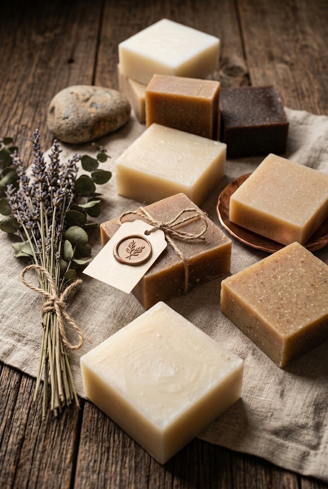 AI-generated rustic handmade soap product photo with linen, dried lavender, eucalyptus, twine, and wood styling