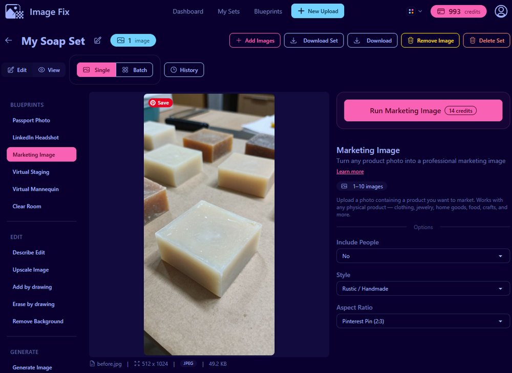 ImageFix editor with handmade soap uploaded and the Marketing Image blueprint selected