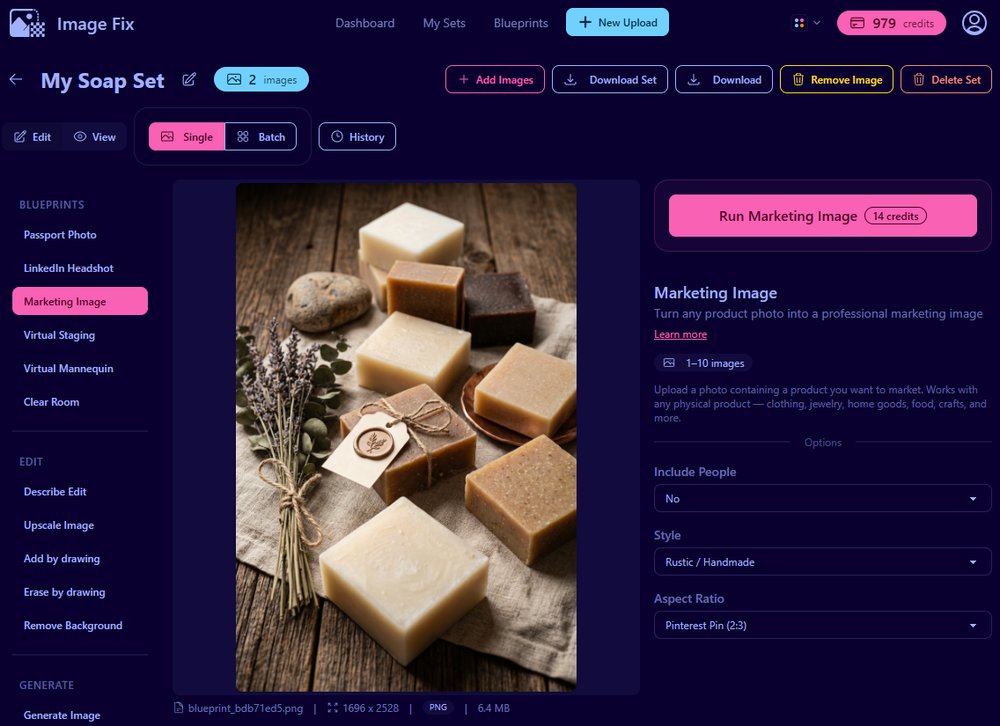 ImageFix editor showing the final rustic handmade soap image generated with Rustic / Handmade and Pinterest Pin 2:3 settings