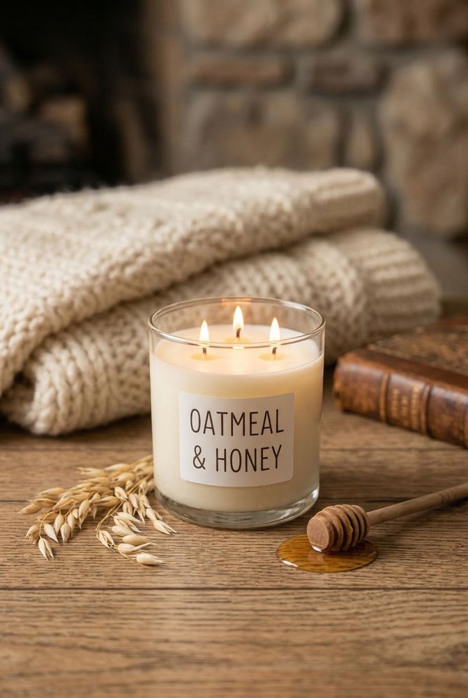 After: same candle on wooden table with lit wicks, honey wand, wheat grains, and cozy blurred background