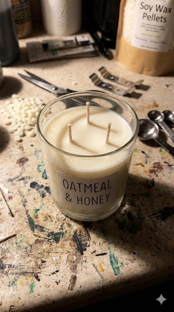 Before: candle on messy crafting table with poor lighting