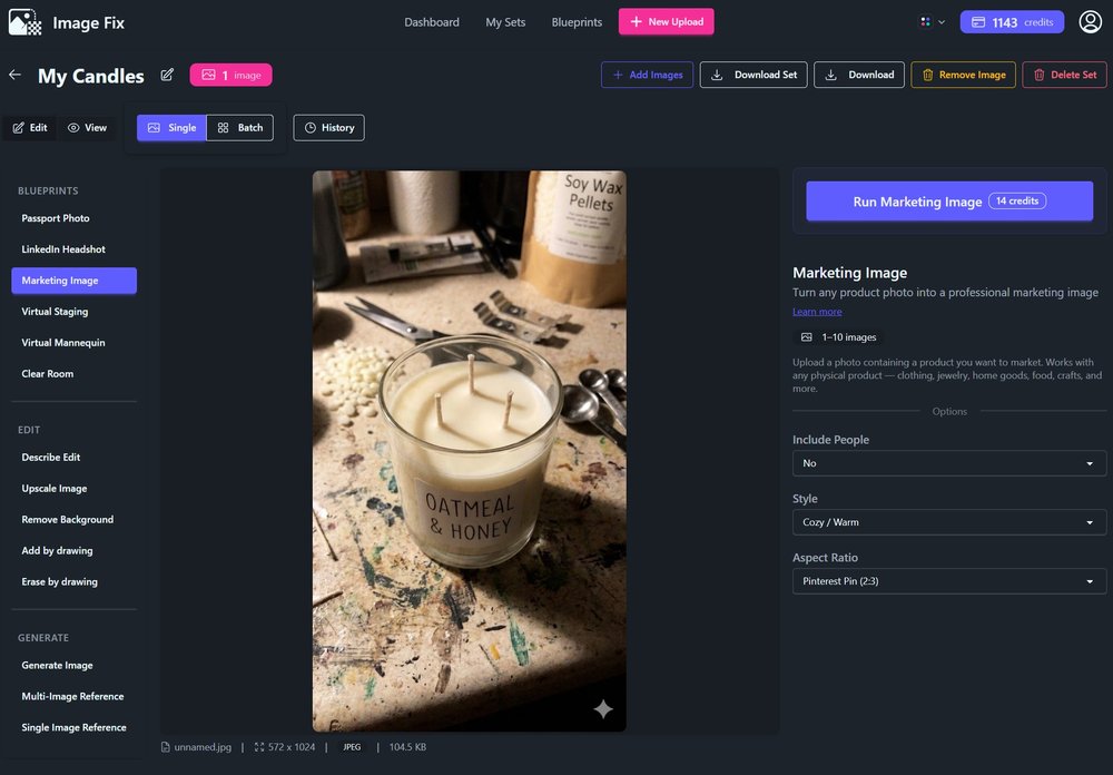 The ImageFix editor showing the candle photo loaded, with Marketing Image blueprint selected on the left and the options panel on the right
