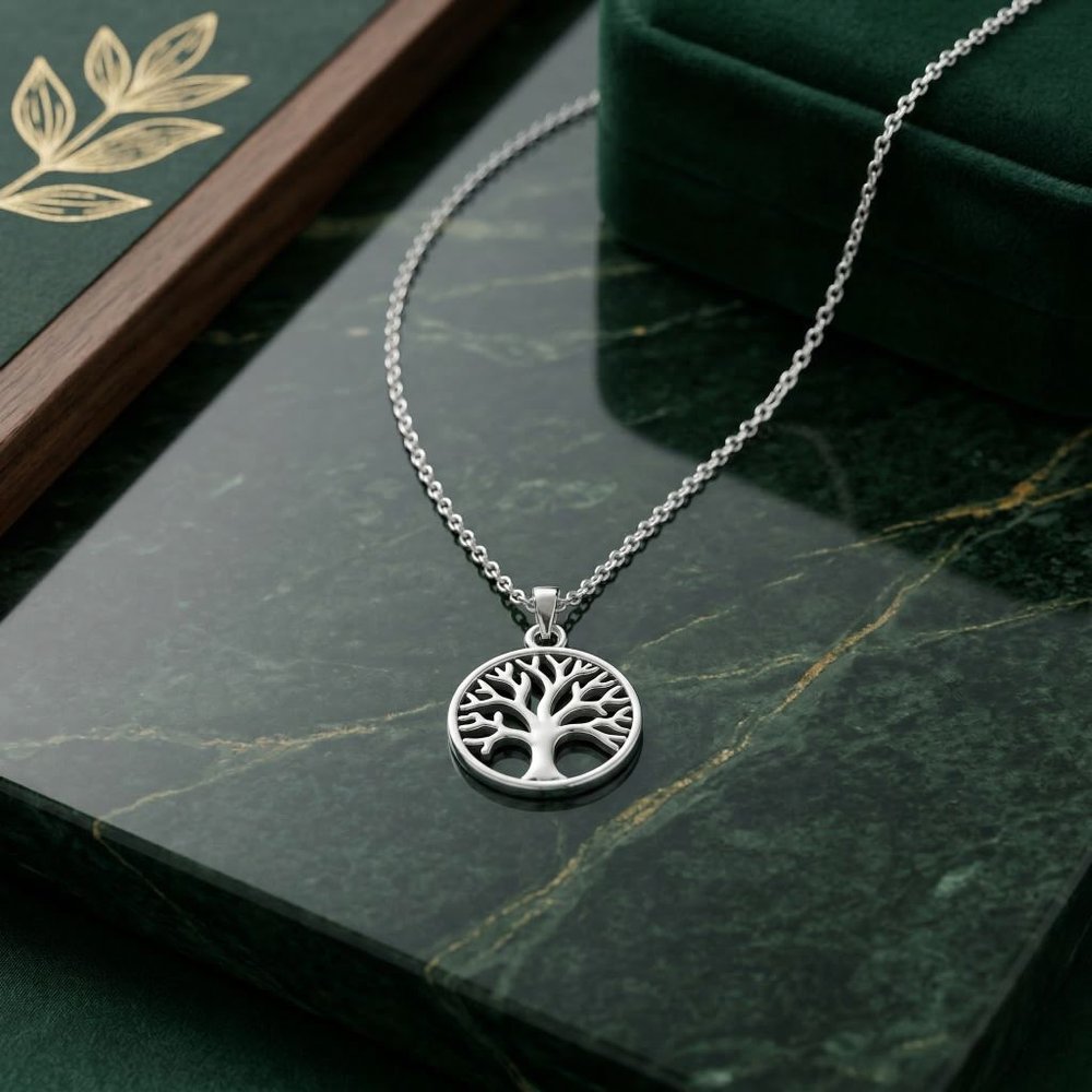 Jewelry photo after editing - silver necklace on jade marble background