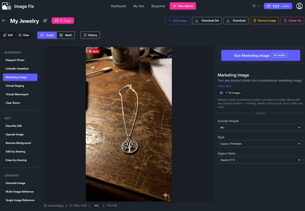 Editor showing the Marketing Image blueprint selected with options visible