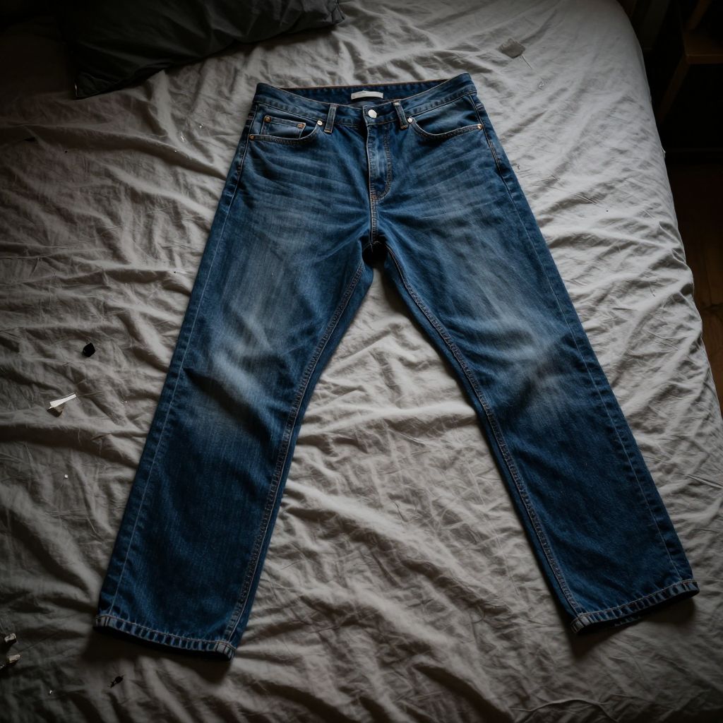 Original product photo of jeans on a bed
