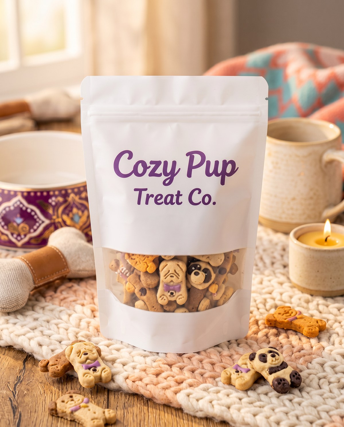 AI-generated Cozy Pup Treat Co. dog treat product photo with knit blanket, ceramic bowls, mug, candle, and scattered treats