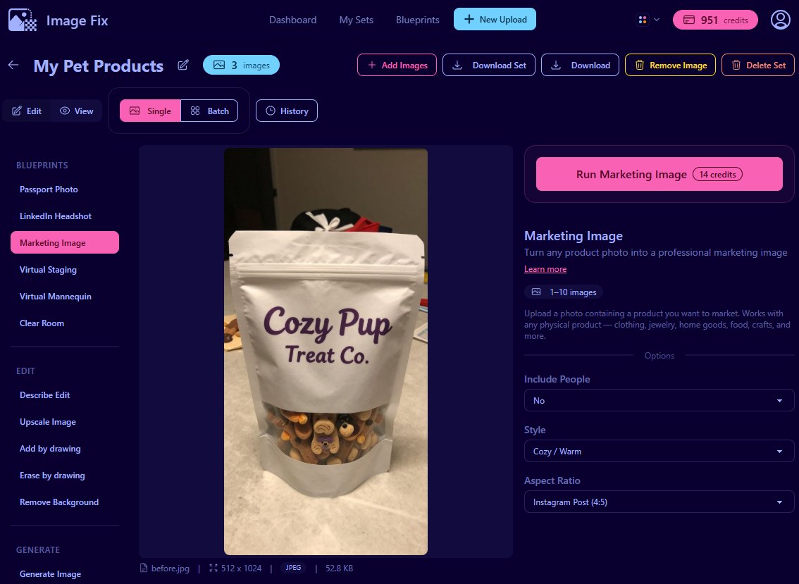 ImageFix editor with a dog treat product photo uploaded and the Marketing Image blueprint selected