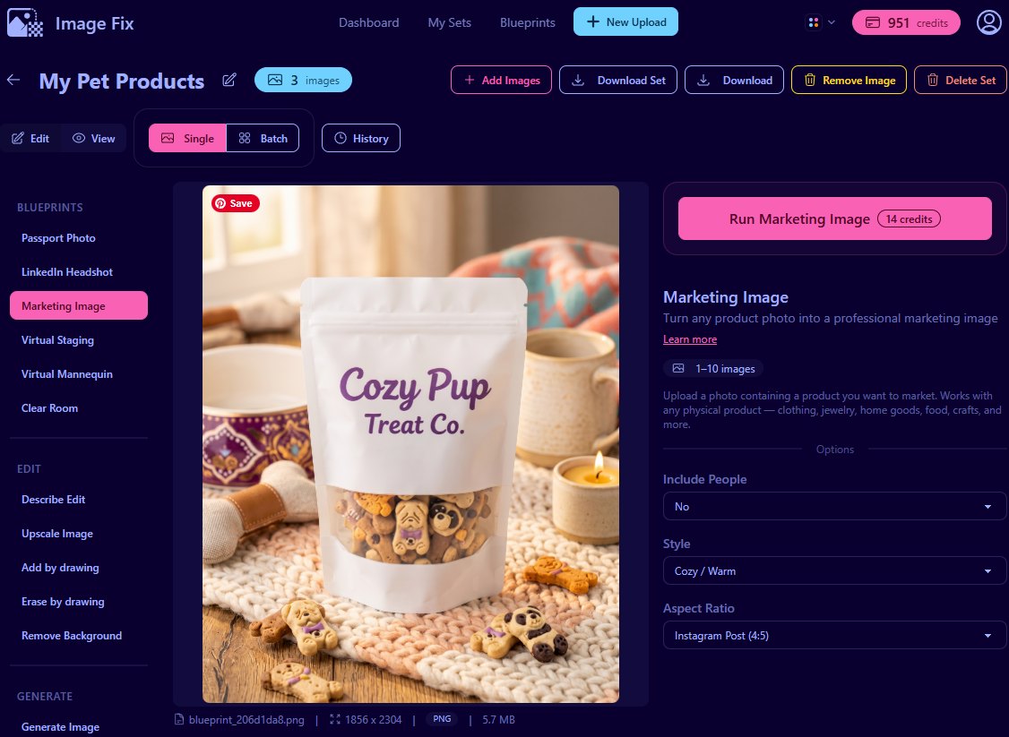 ImageFix editor showing the final cozy dog treat marketing image generated with Cozy / Warm and Instagram Post 4:5 settings