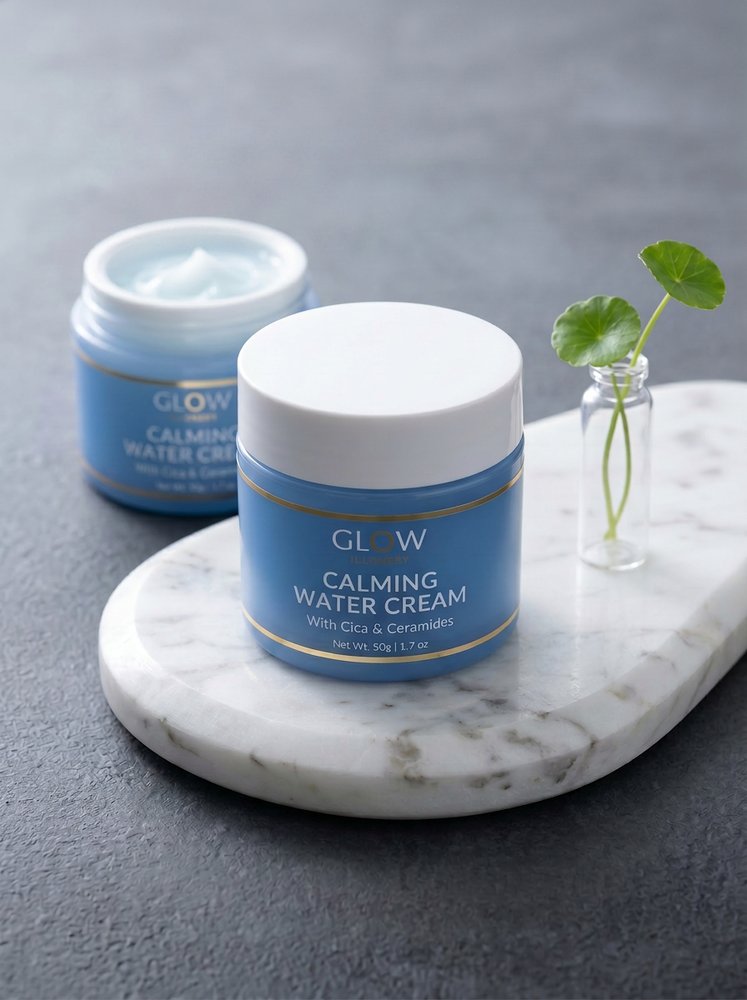 AI-generated premium skincare product photo with the same blue water cream jar on a marble tray