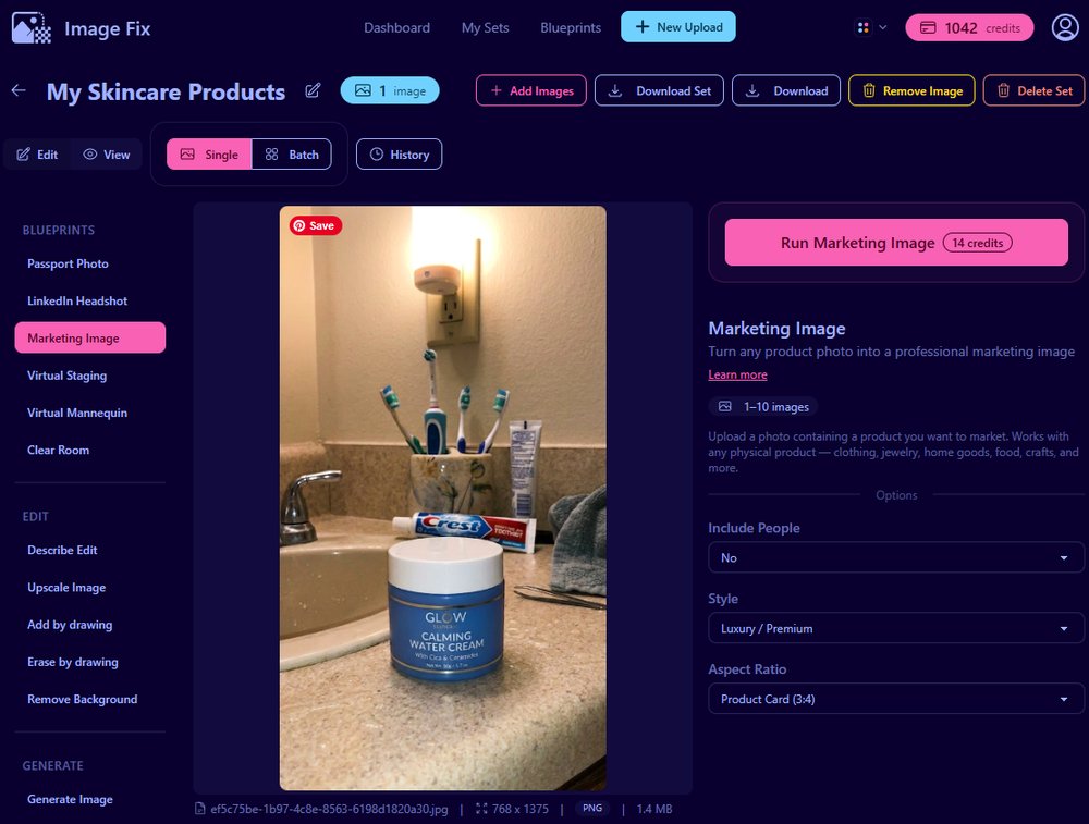 ImageFix editor with a skincare jar uploaded and the Marketing Image blueprint selected