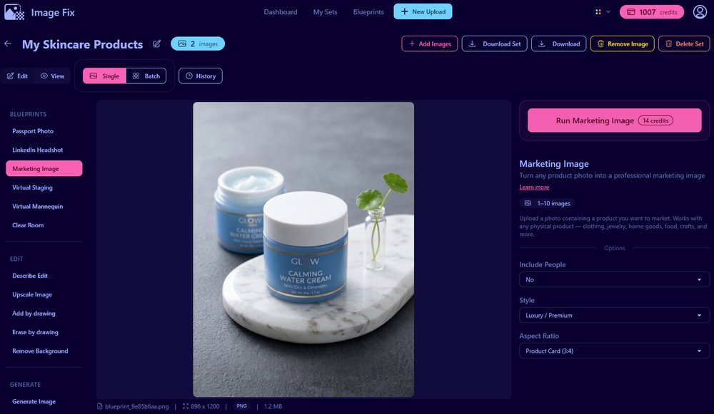 ImageFix editor showing the final premium skincare product image generated with Luxury / Premium and Product Card 3:4 settings